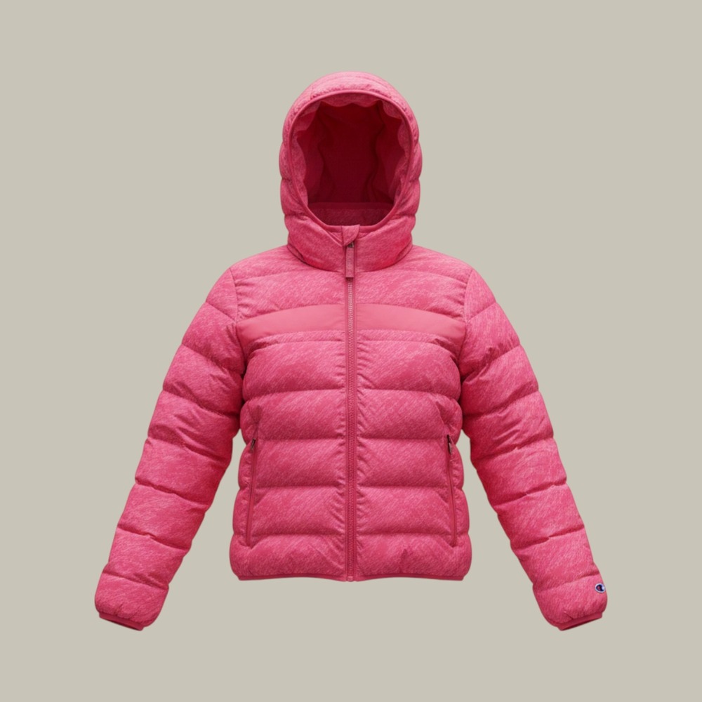 Champion Kids Pink Heathered Hooded Puffer Jacket Thumbhole Cuffs Sporty